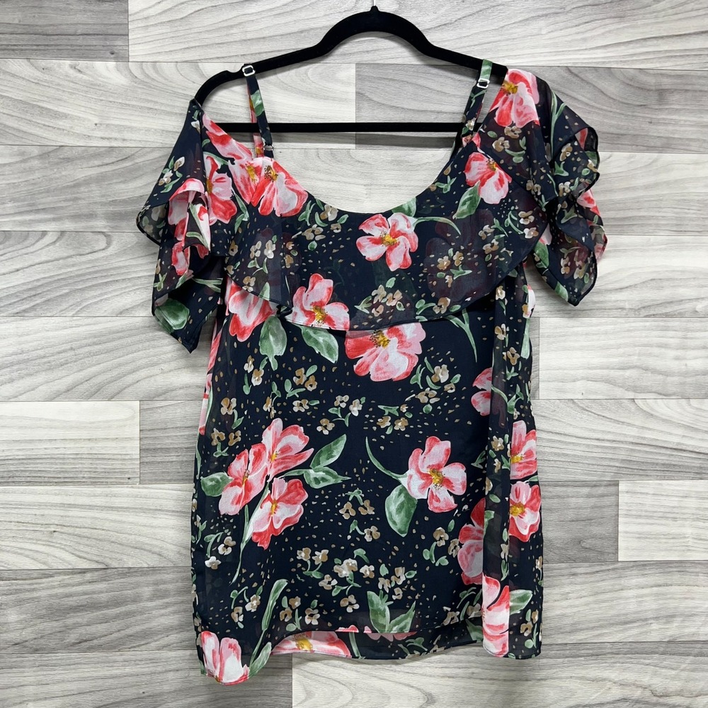 CAbi Top Tunic Women's S Navy Blue Floral Lined Cold Shoulder Adjustable Strap - Picture 9 of 12